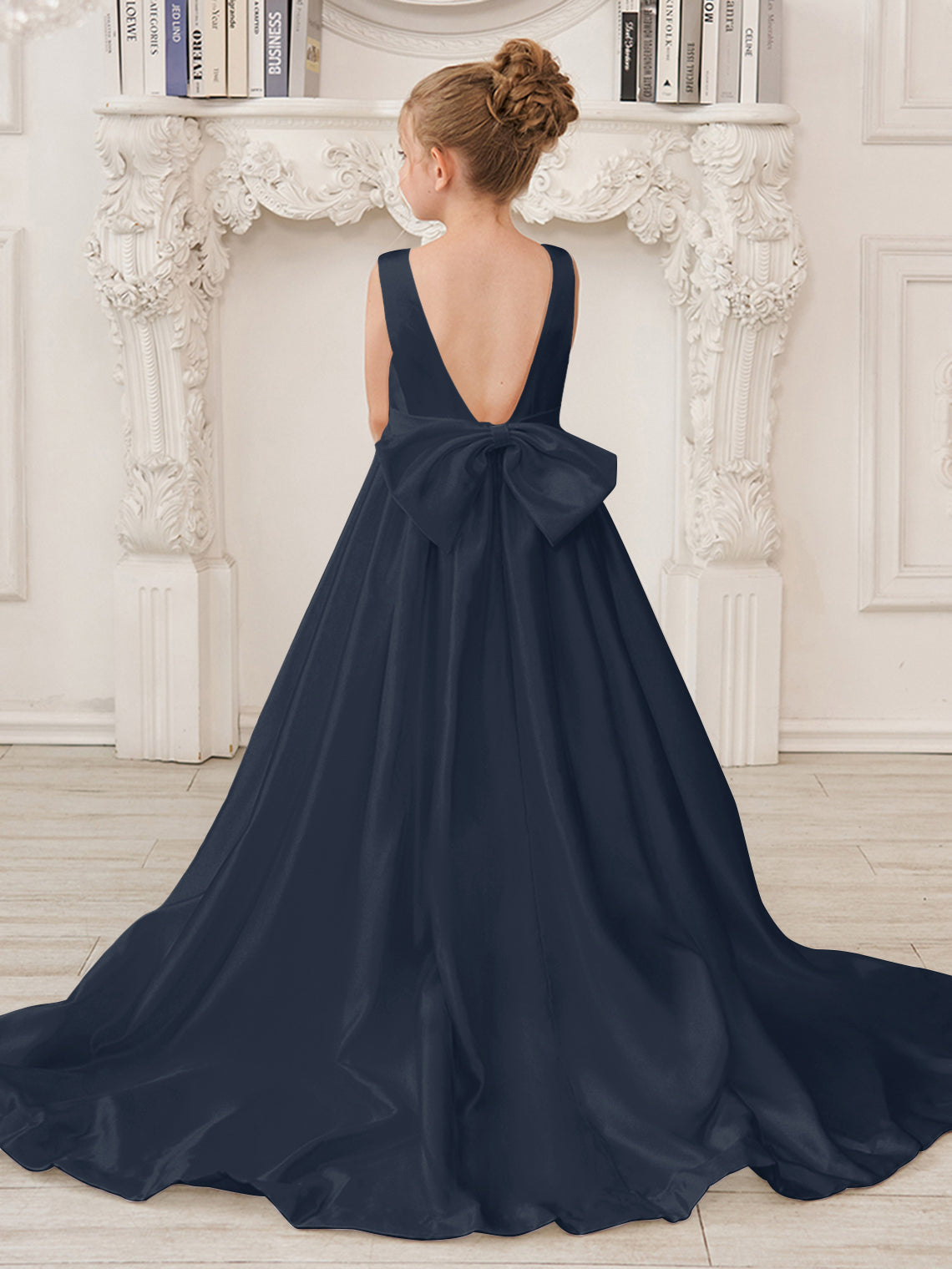 Vestido de niña de las flores de satén sin mangas, corte princesa, con cola larga y lazo