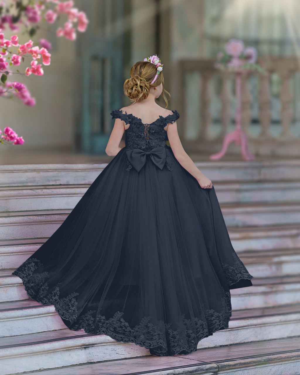Vestido de fiesta/princesa de encaje con cola larga, color rosa, para cumpleaños