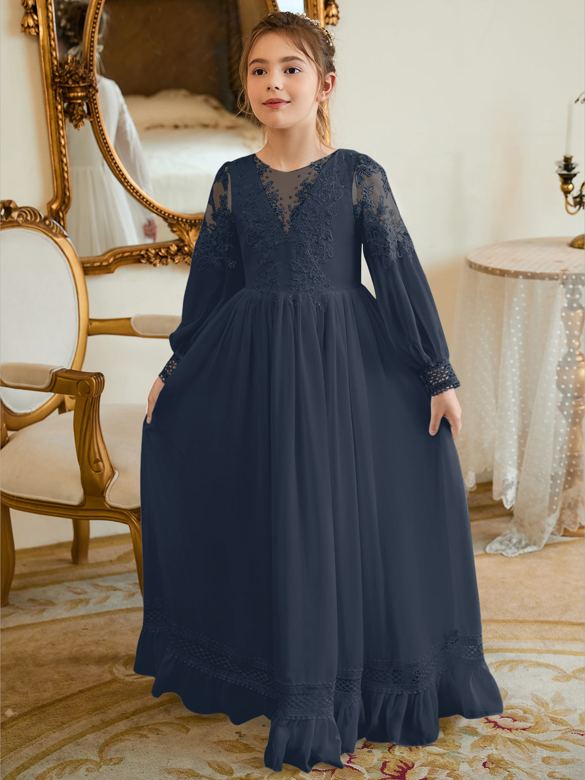 Bodenlanges Chiffon-Kleid in A-Linie und Elfenbein für die Erstkommunion 