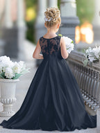 A-Linie Spitze Satin Bodenlang Erstkommunionkleid für Blumenmädchen 