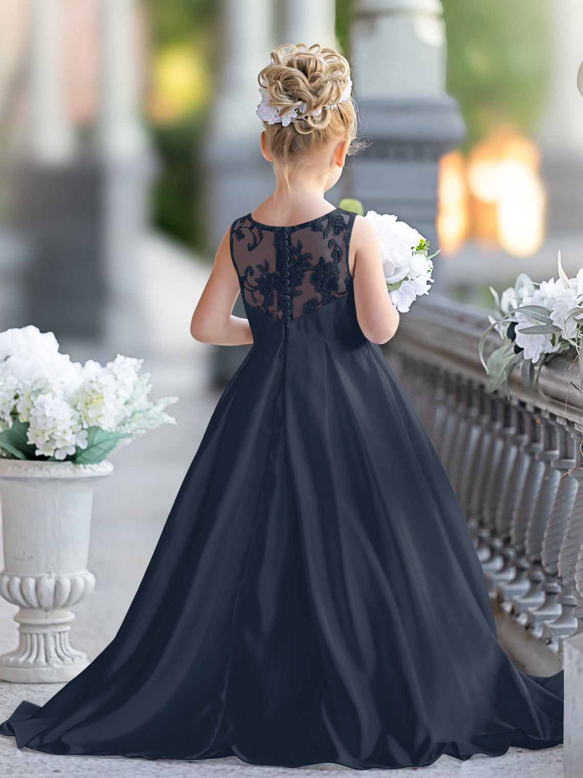 A-Linie Spitze Satin Bodenlang Erstkommunionkleid für Blumenmädchen 