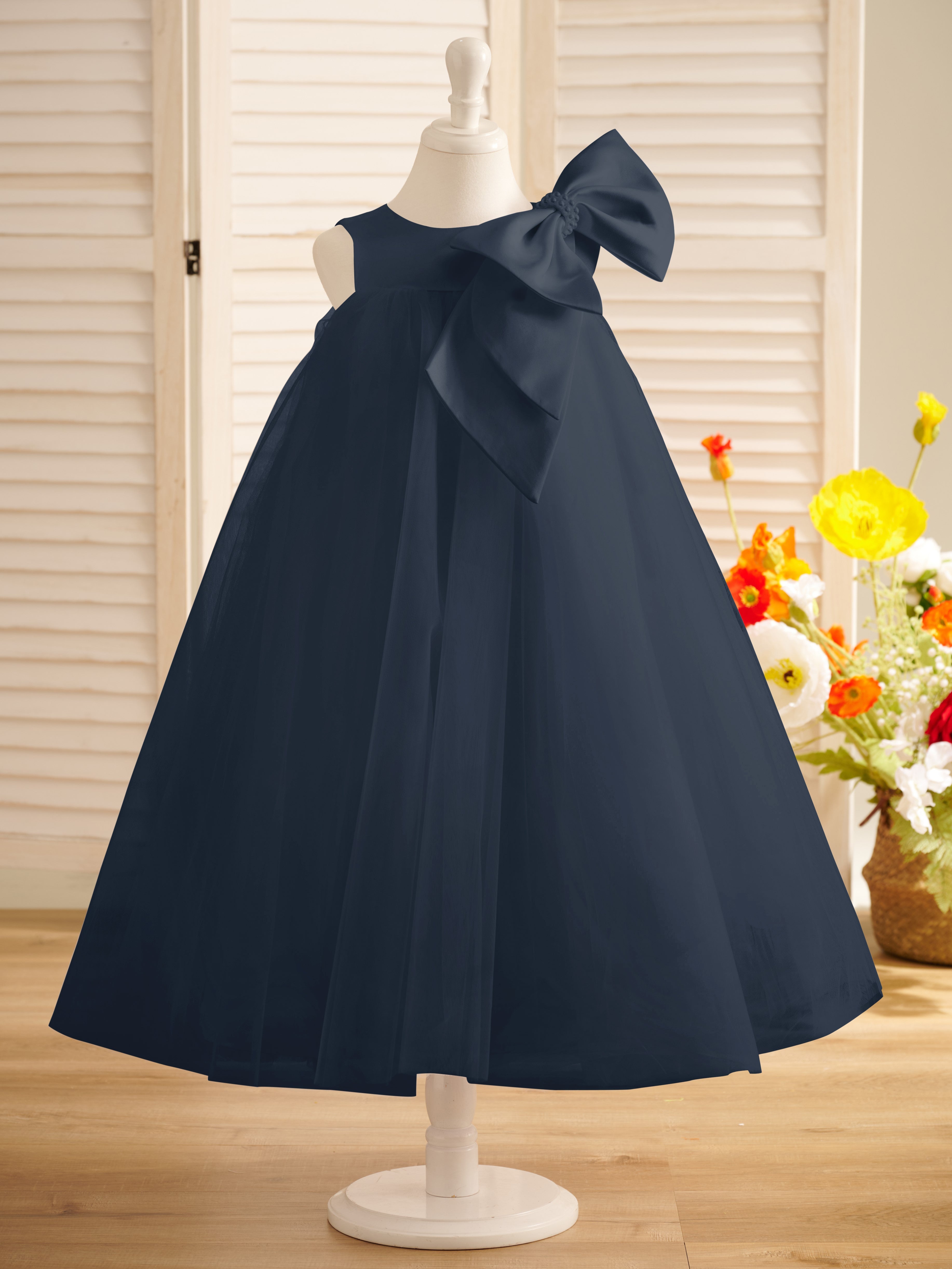 A-Linien-Kleid mit großer Schleife und Tüll in Wadenlänge für Blumenmädchen