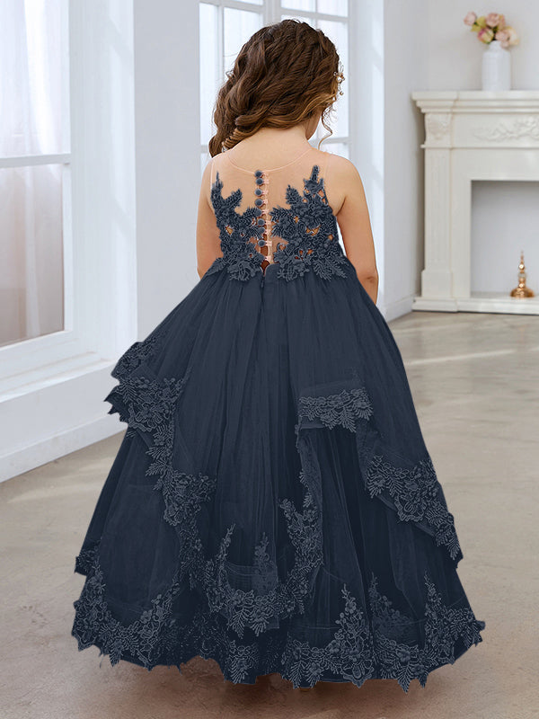 Ärmelloses Prinzessinnen-Tüllkleid mit Spitzenapplikationen und Schleppe für Mädchen 