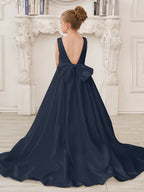 A-Linie Prinzessin Ärmelloses Satin Blumenmädchenkleid mit Schleppe und Schleife 