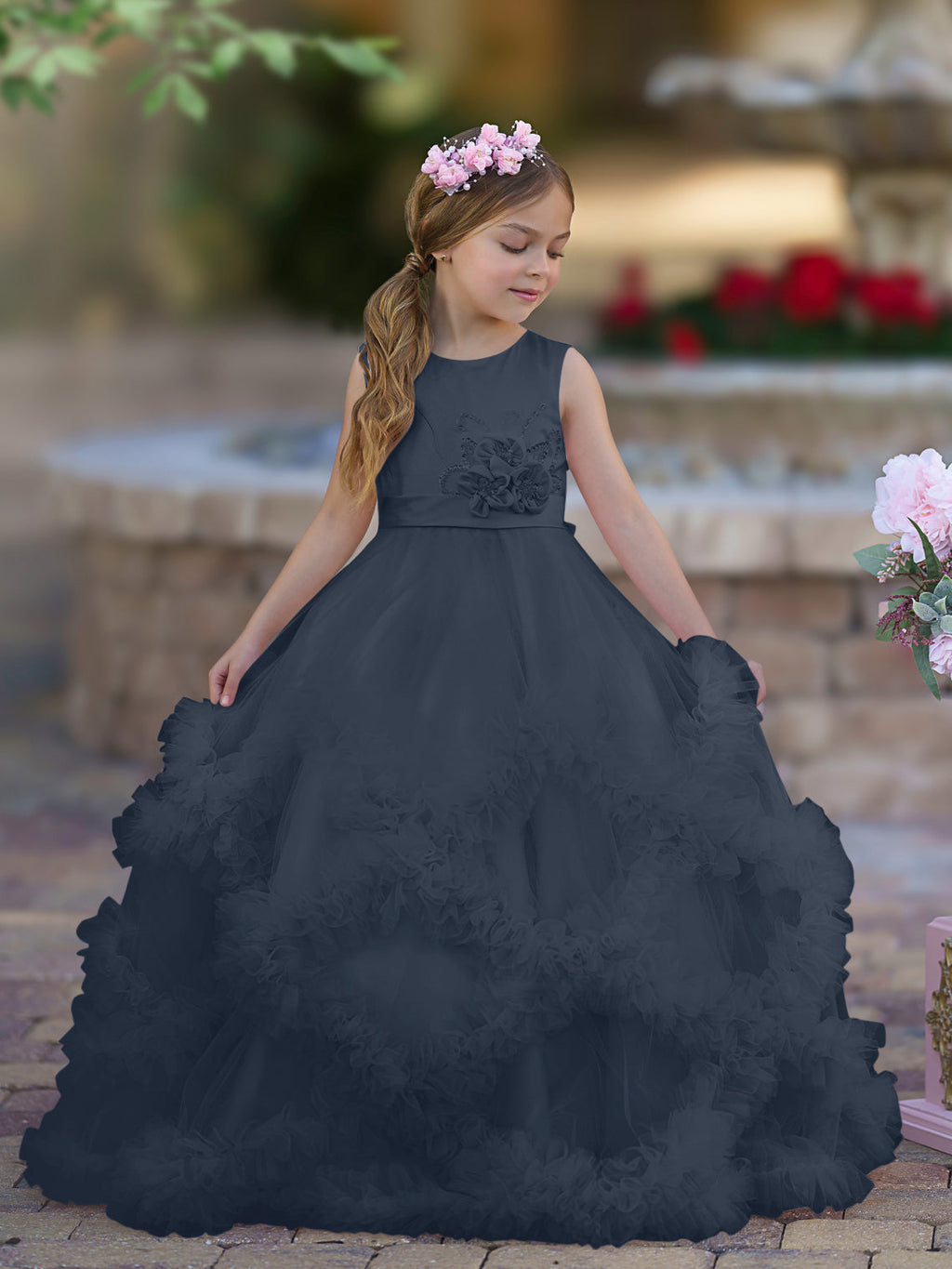 A-Linie Satin Tüll Bodenlang Kaskadierende Rüschen Blumenmädchenkleid