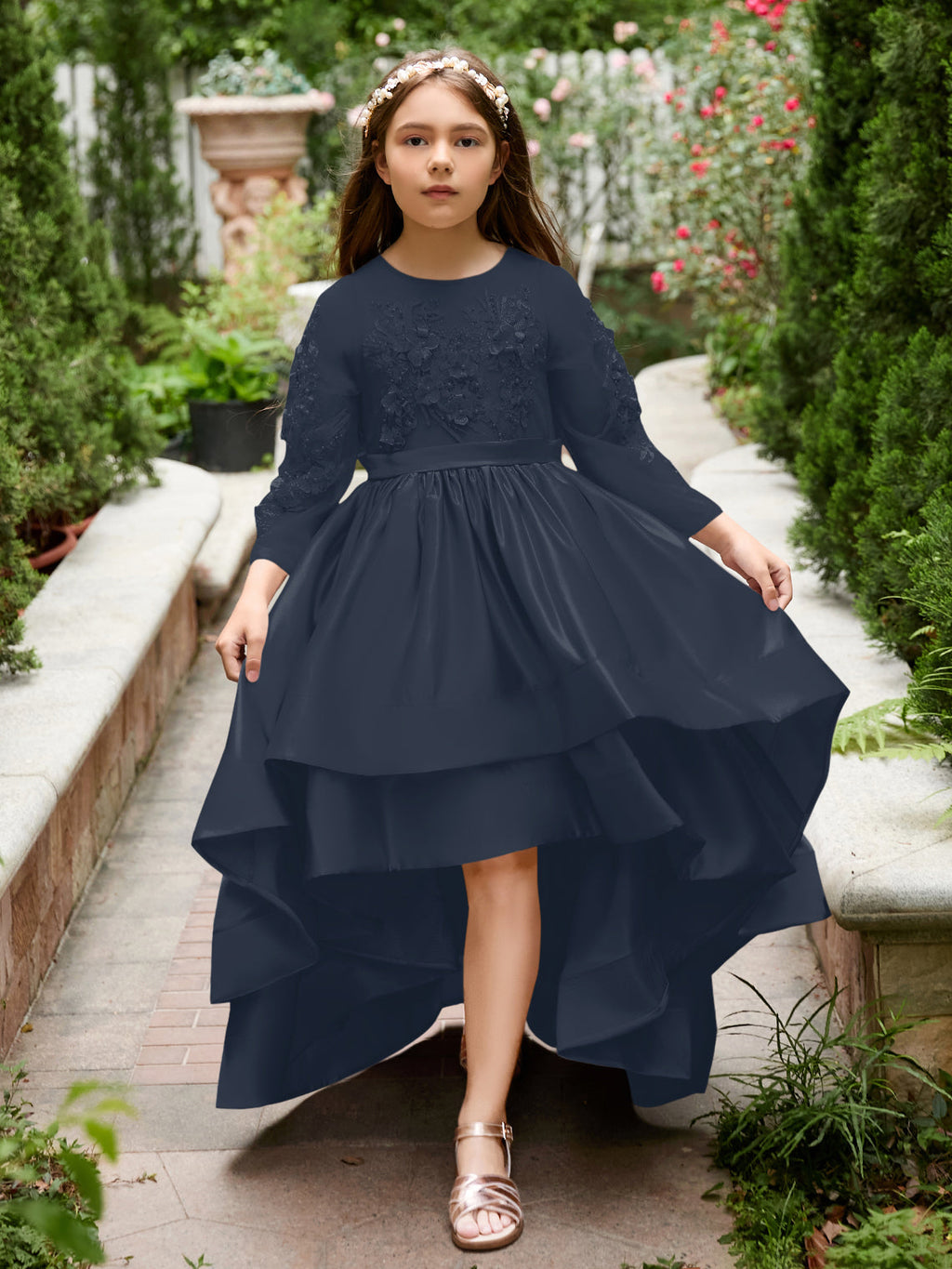 Vestido de niña de las flores asimétrico de satén con corte A