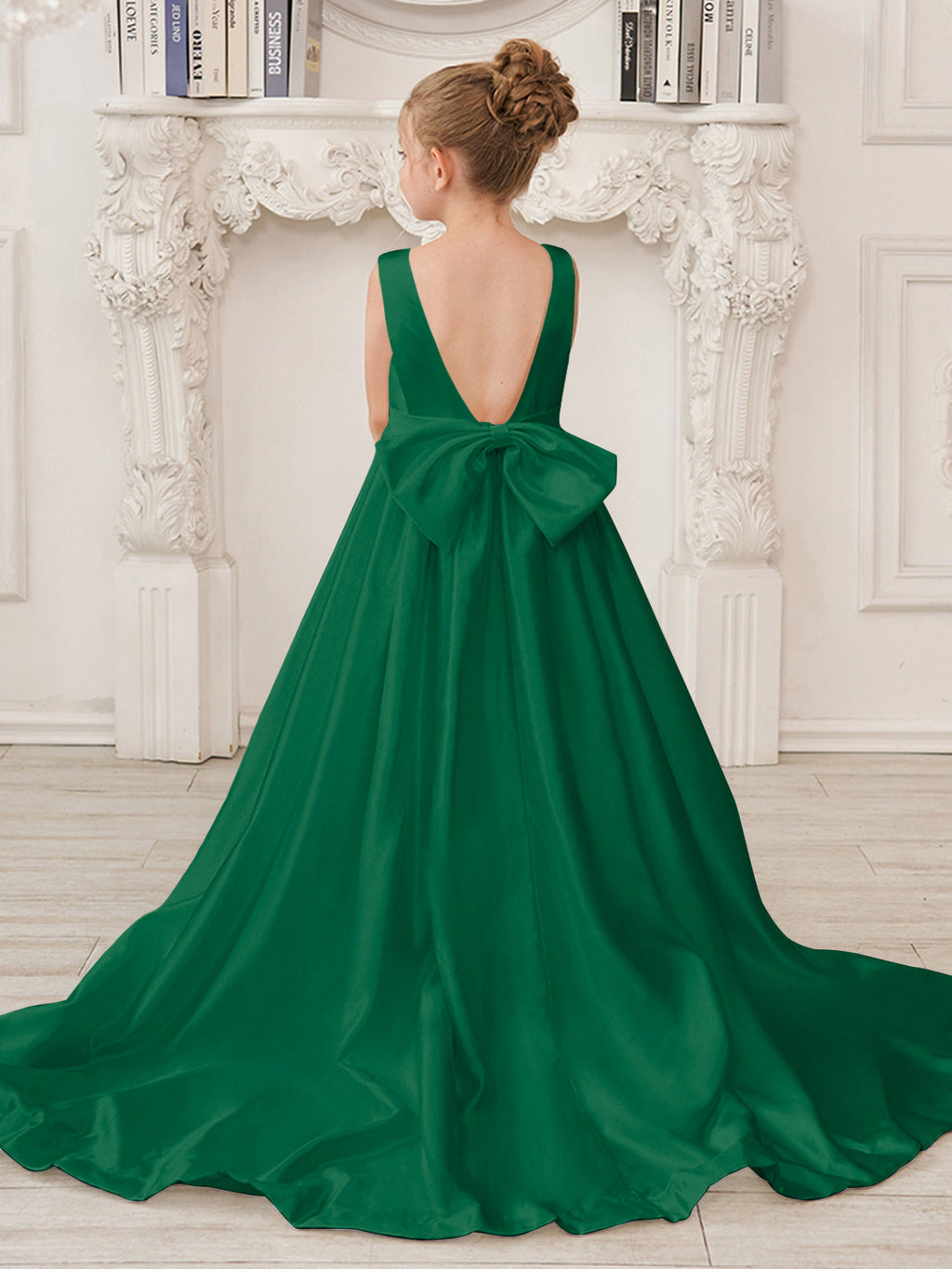 A-Line Princess Sleeveless Satin Flower Girl Dress with Sweep Train and Bow