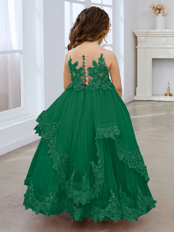 Vestido de princesa de tul sin mangas con apliques de encaje y cola larga para niñas