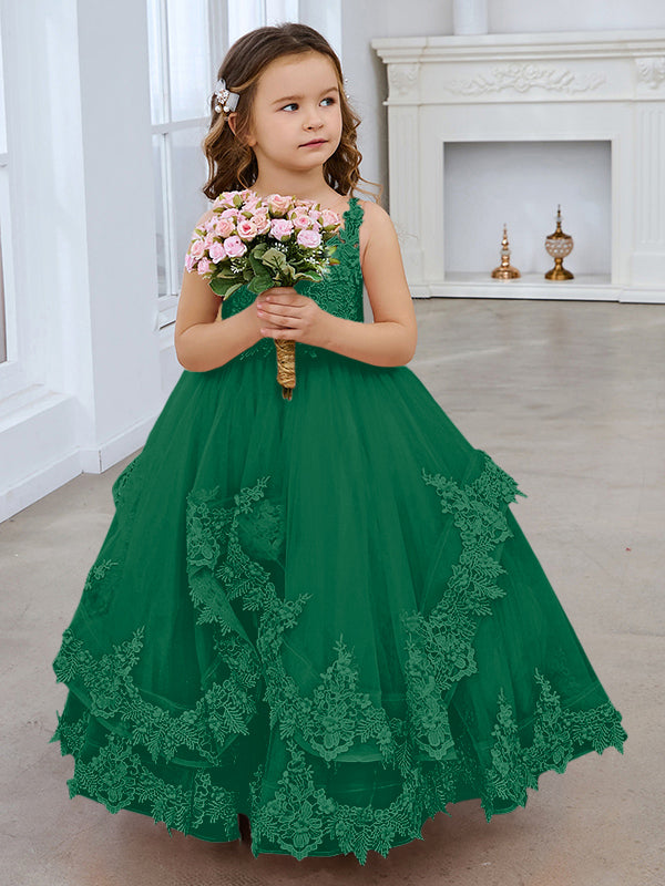 Ärmelloses Prinzessinnen-Tüllkleid mit Spitzenapplikationen und Schleppe für Mädchen 