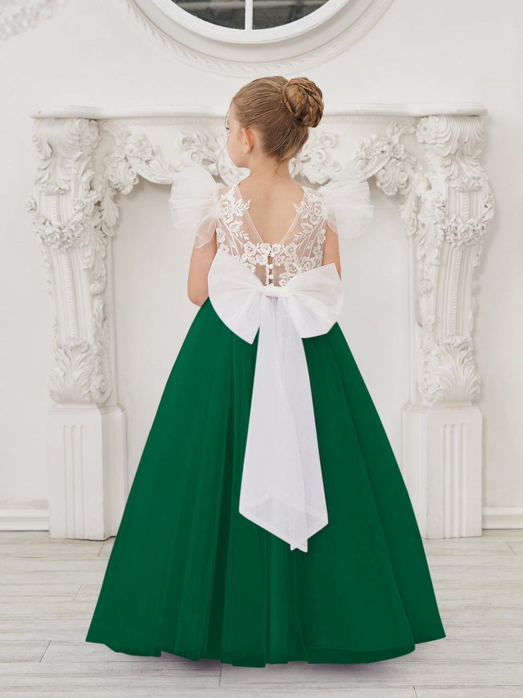 Abnehmbares Blumenmädchenkleid aus Spitze und Tüll mit Schleppe 