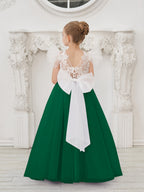 Abnehmbares Blumenmädchenkleid aus Spitze und Tüll mit Schleppe 