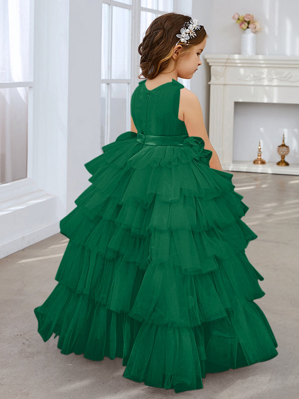 Vestido de fiesta/princesa rosa perla sin mangas con lazo de tul para niña de las flores