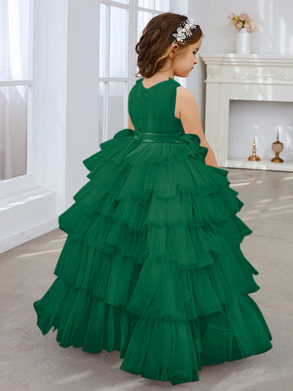 Vestido de fiesta/princesa rosa perla sin mangas con lazo de tul para niña de las flores
