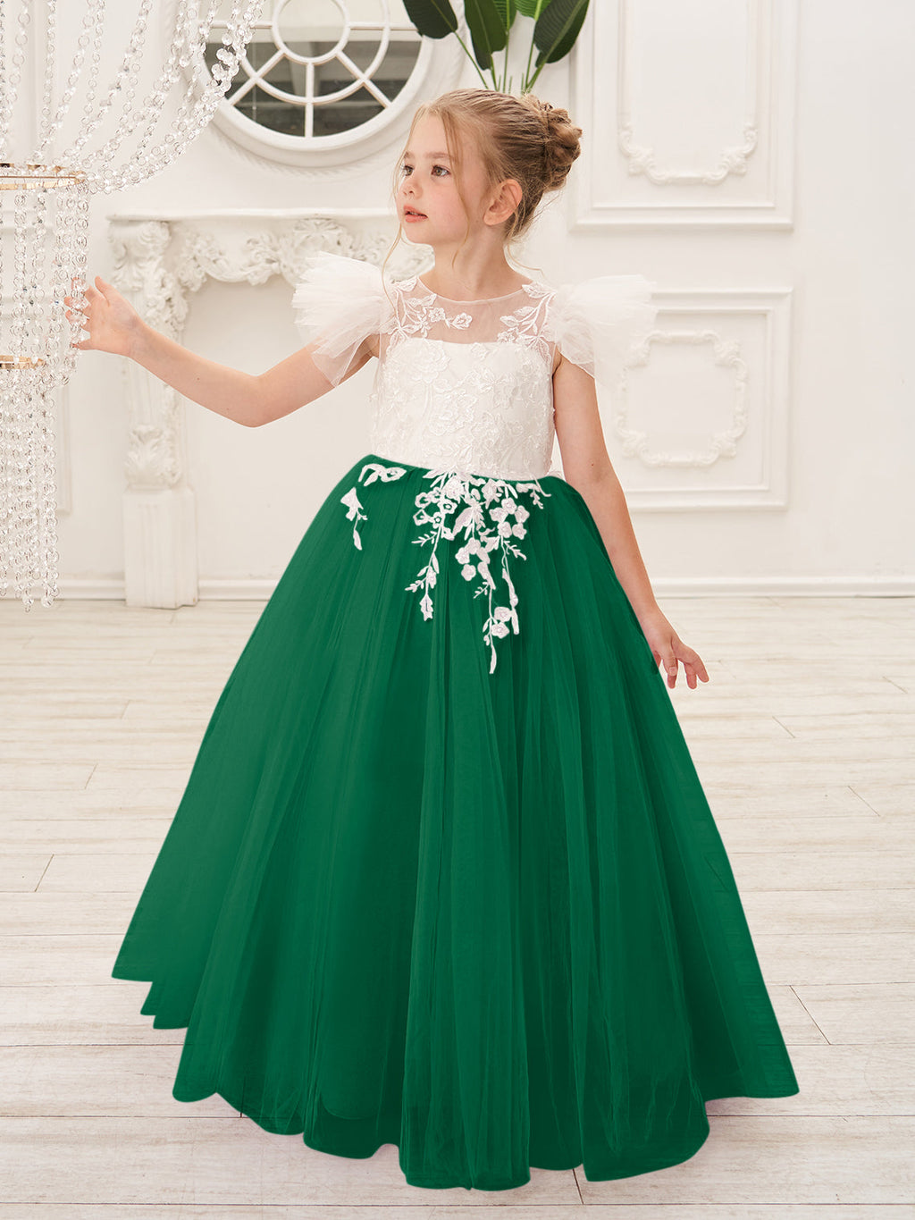 Abnehmbares Blumenmädchenkleid aus Spitze und Tüll mit Schleppe 
