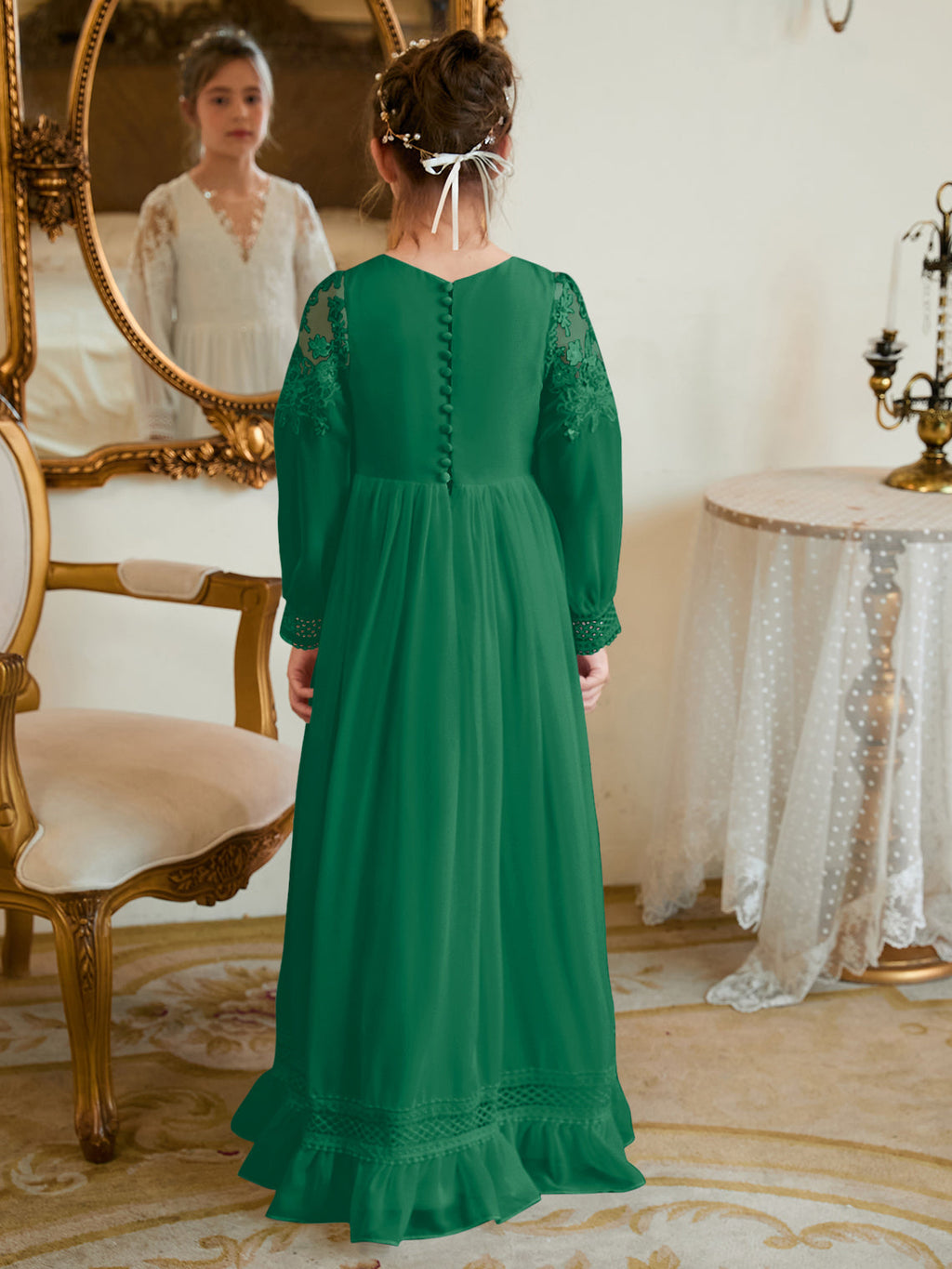 Bodenlanges Chiffon-Kleid in A-Linie und Elfenbein für die Erstkommunion 