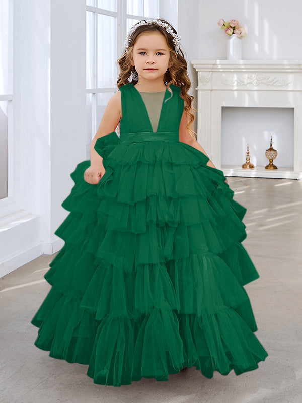 Duchesse-Linie/Princess-Linie Perlenrosa Ärmelloses Tüll-Blumenmädchenkleid mit Schleife (010220814) 