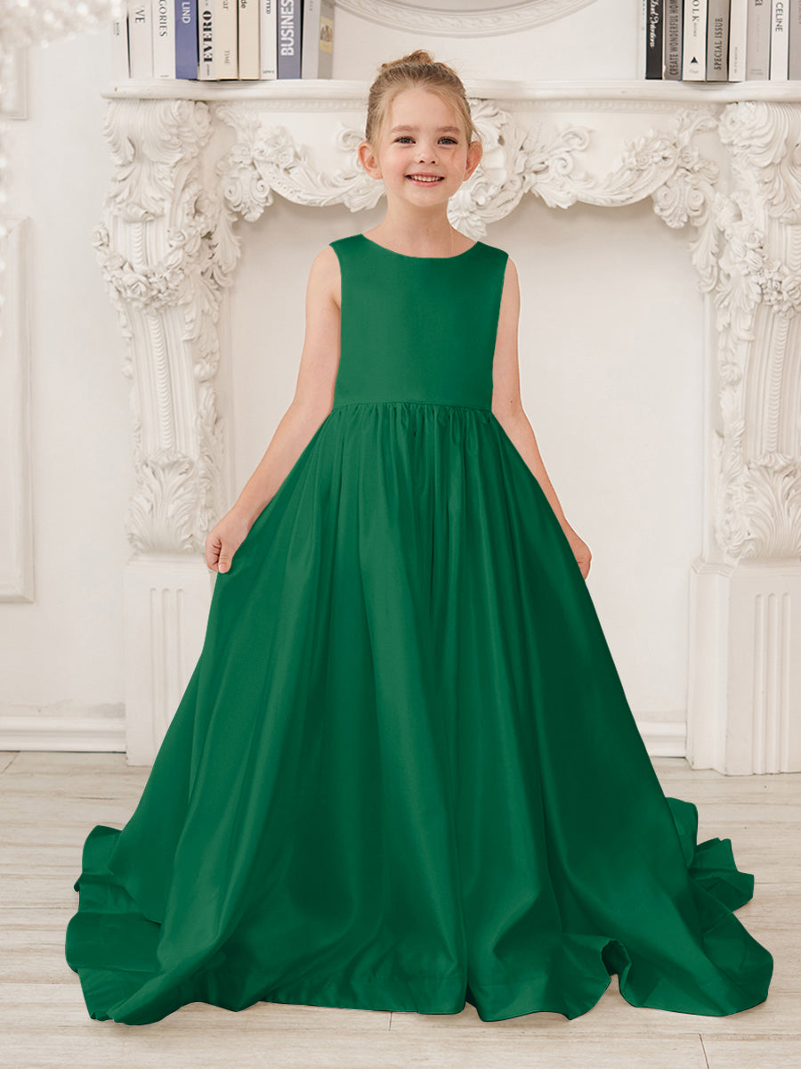 Vestido de niña de las flores de satén sin mangas, corte princesa, con cola larga y lazo
