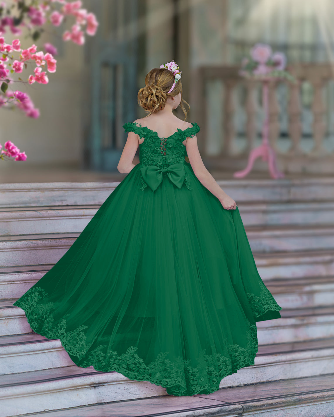 Vestido de fiesta/princesa de encaje con cola larga, color rosa, para cumpleaños