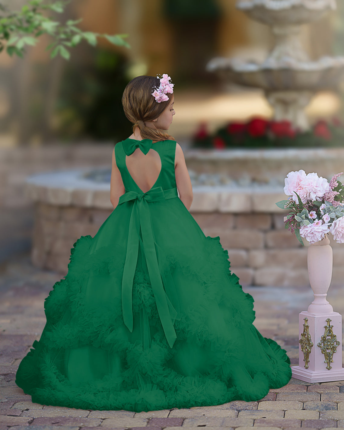 A-Linie Satin Tüll Bodenlang Kaskadierende Rüschen Blumenmädchenkleid