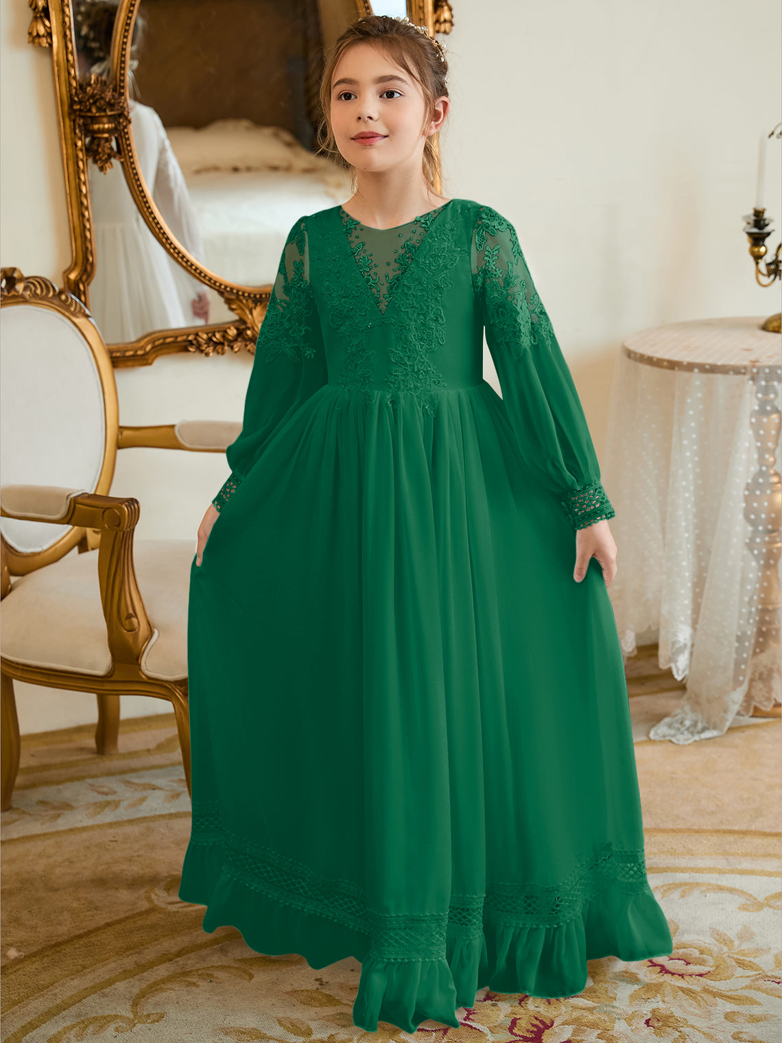 Bodenlanges Chiffon-Kleid in A-Linie und Elfenbein für die Erstkommunion 
