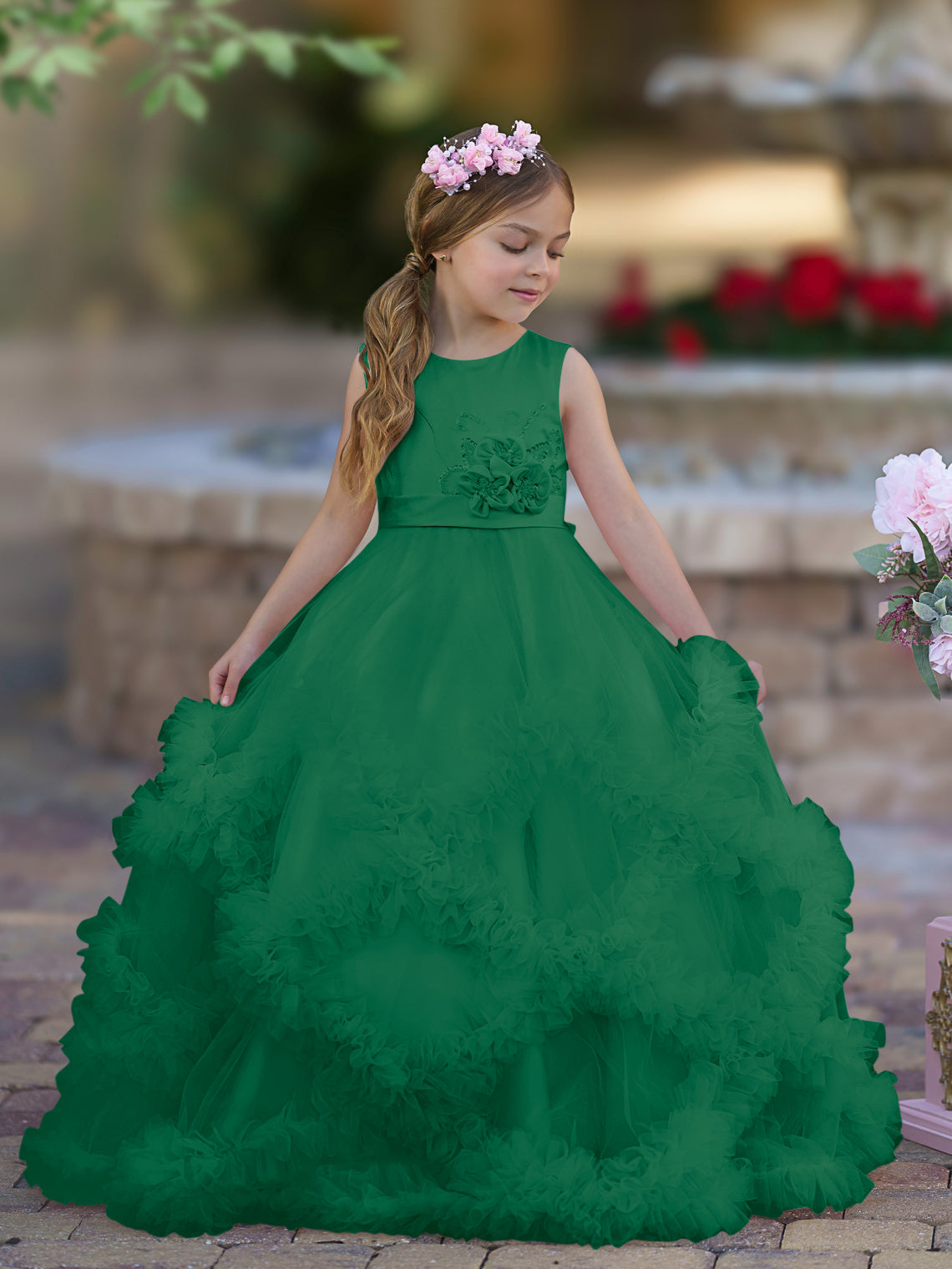 A-Linie Satin Tüll Bodenlang Kaskadierende Rüschen Blumenmädchenkleid