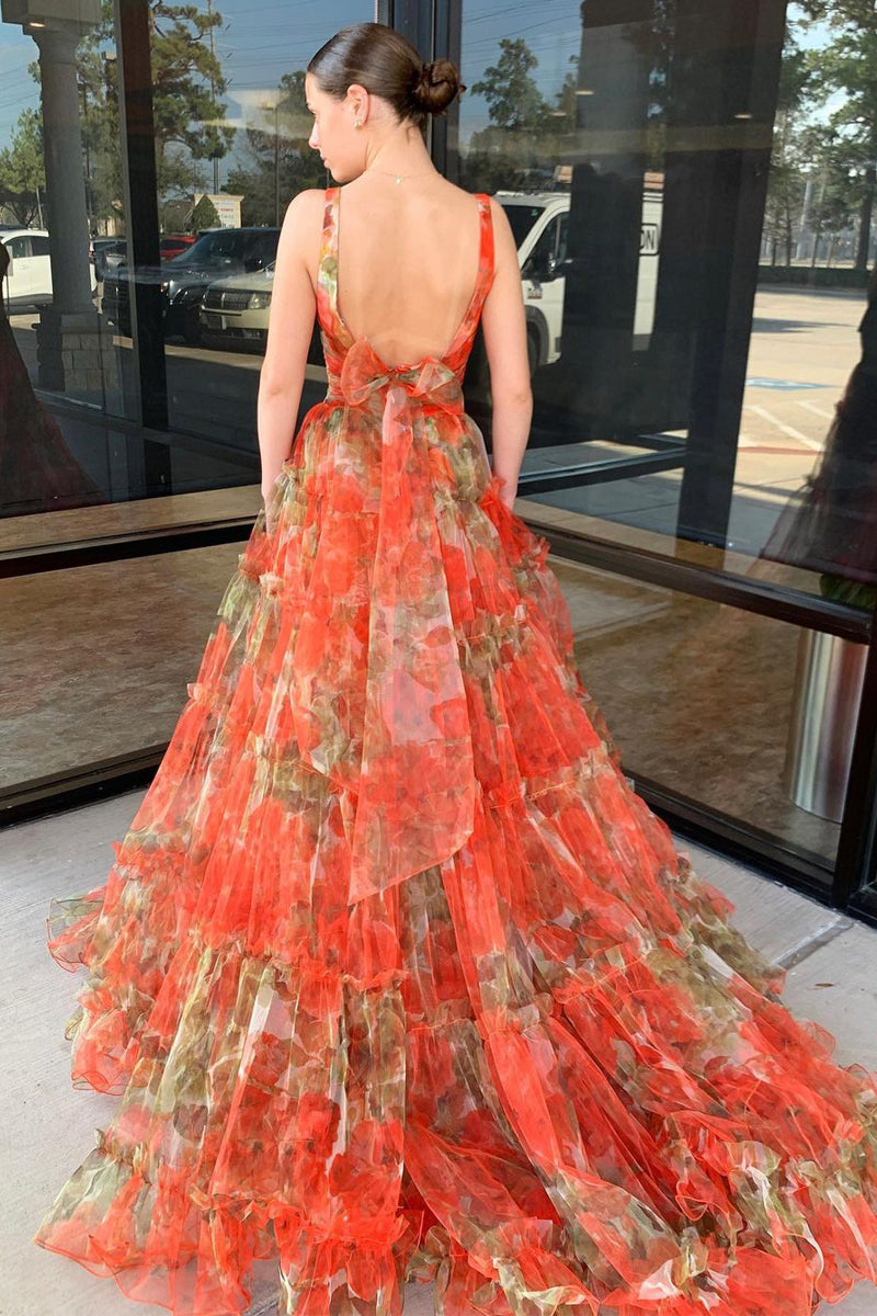 Darla | Vestido de fiesta largo naranja de dos piezas con escote en V y estampado floral