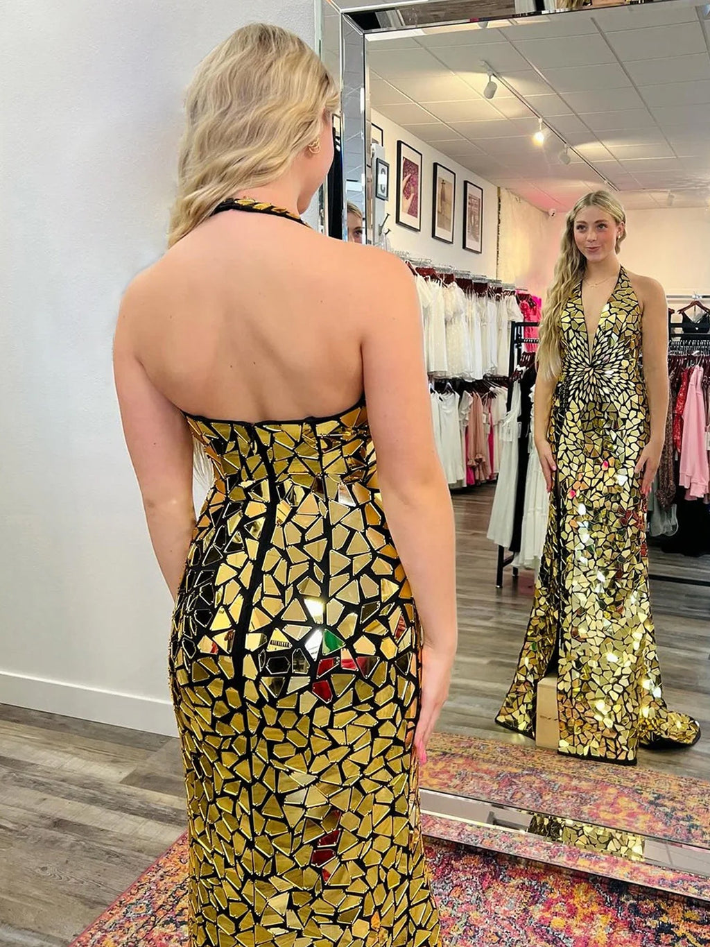 Darya | Vestido de fiesta de sirena con lentejuelas y cuello halter brillante con abertura