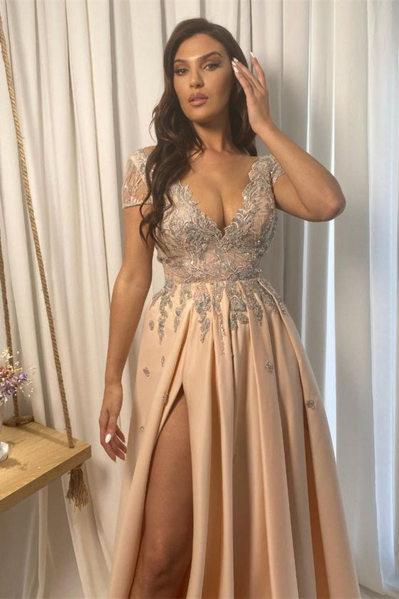 Vestido de fiesta con escote en V, encaje, hombros descubiertos, corte A y abertura frontal con apliques