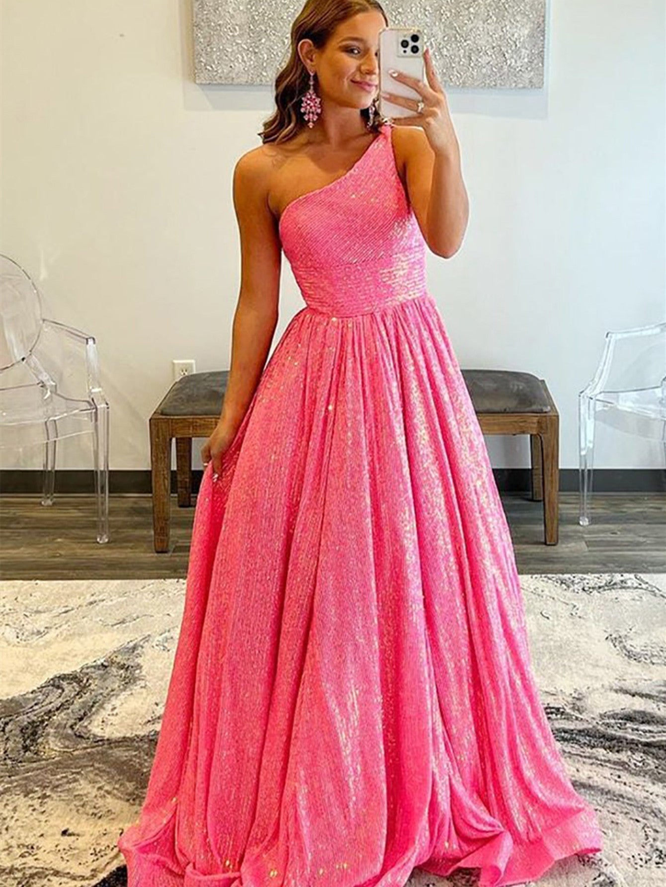 A-Line One Shoulder Sequins Prom Dress with Pockets
