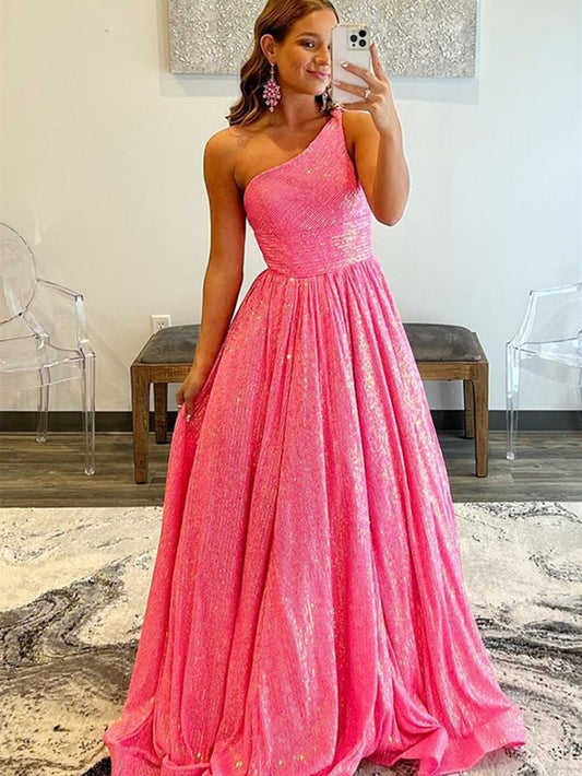 A-Line One Shoulder Sequins Prom Dress with Pockets