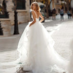 Sexy V-Neck Backless A-line Wedding Dress Romantic Organza Sleeveless Trouwjurk Simple Spaghetti Straps Bride Party-payinti