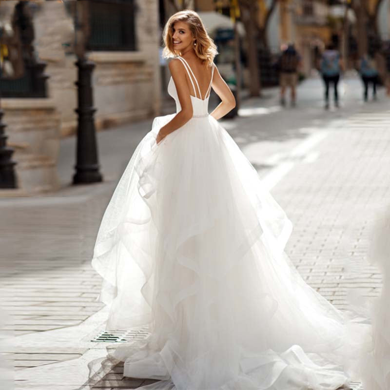 Sexy V-Neck Backless A-line Wedding Dress Romantic Organza Sleeveless Trouwjurk Simple Spaghetti Straps Bride Party-payinti