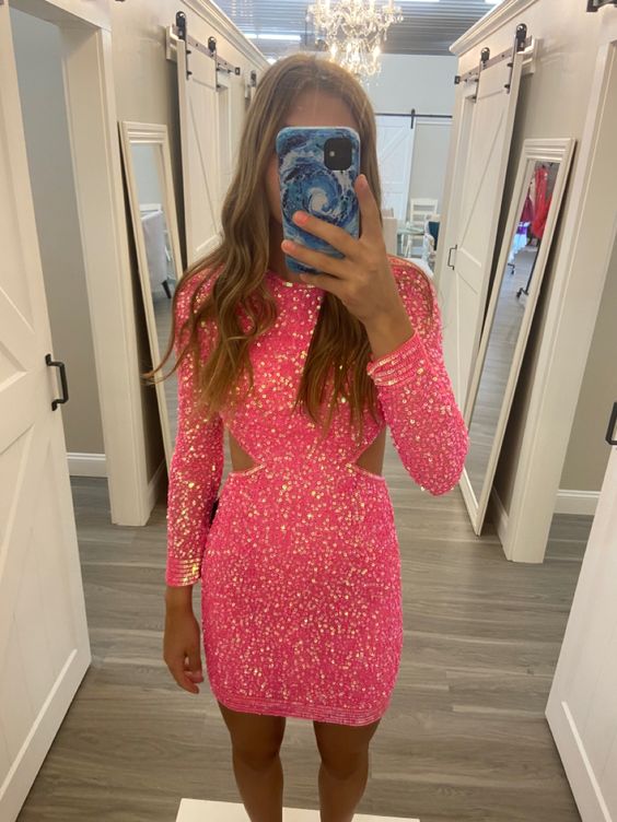 Vestido corto de fiesta con lentejuelas rosas brillantes, bonito vestido de fiesta Y445