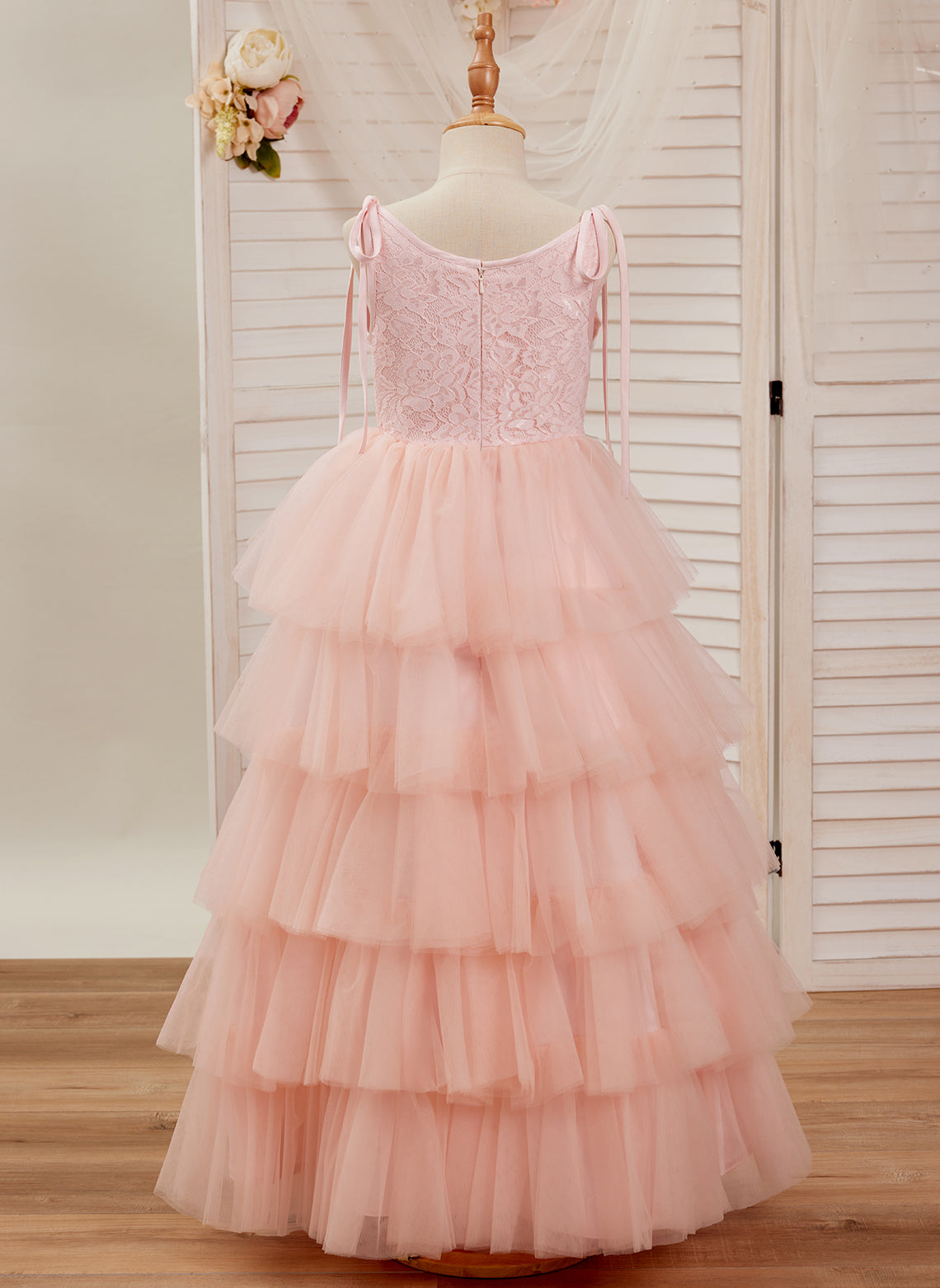 A-Linie Spitze Tüll Bodenlang Rosa Kleid (010220942) 