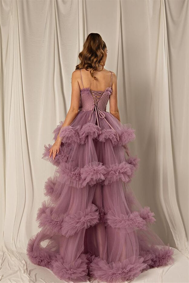 Tulle A-line Tiered Spaghetti-Straps Long Prom Dress