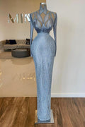 Elegant Long Sleeve Halter Sequin Beaded Mermaid Prom Dress