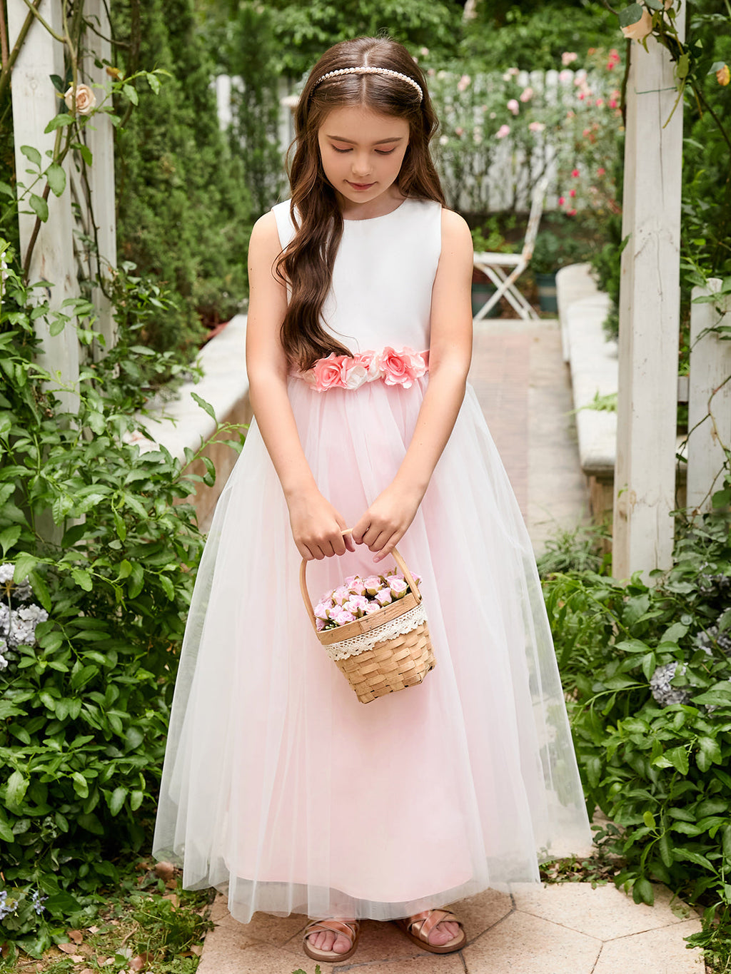 Vestido de niña de las flores de tul satinado con flores 3D hasta los tobillos