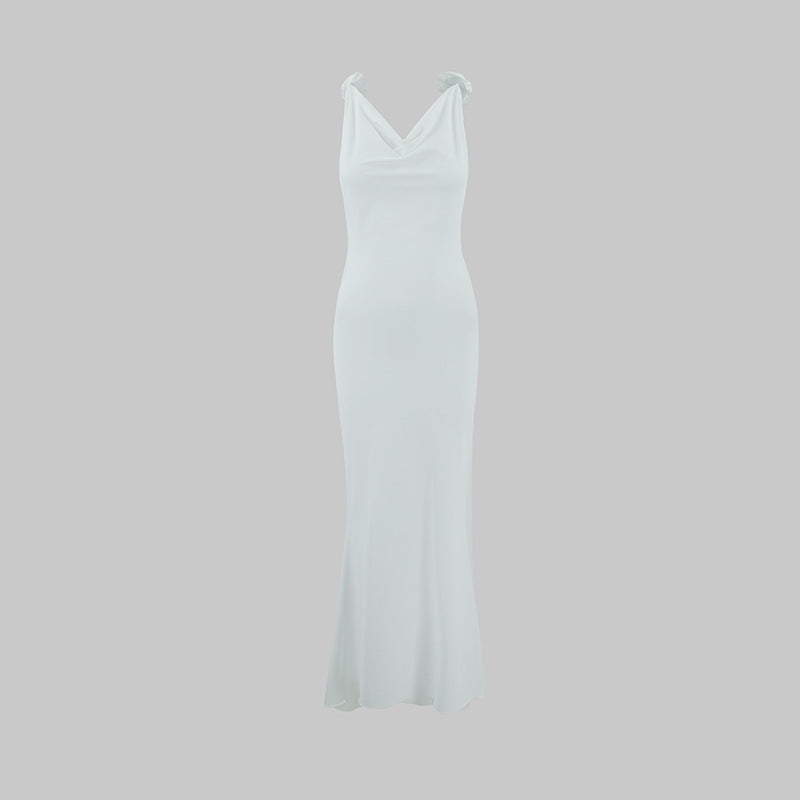 Women Slim Fit Sexy Evening Dress Deep V Plunge neck Backless Floral Decorative Shoulder Strap Fishtail Dress