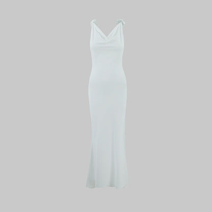 Women Slim Fit Sexy Evening Dress Deep V Plunge neck Backless Floral Decorative Shoulder Strap Fishtail Dress
