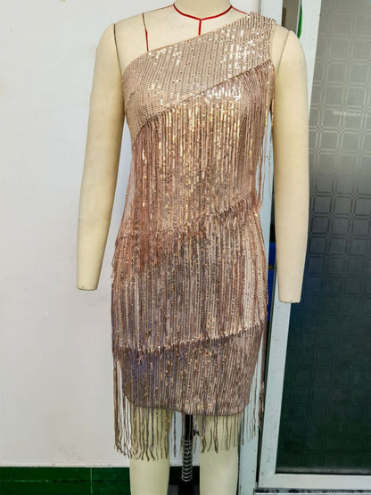 Shoulder Tassel Stitching Sequ Dress Evening Dress