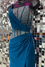 Laylani | Vestidos de fiesta largos de sirena azul con un solo hombro y cuentas