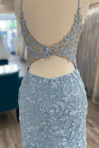 Jolies robes de soirée en dentelle bleu clair à col en V 