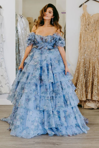 Sigourney | Langes Ballkleid in A-Linie mit Blumenmuster und Rüschen