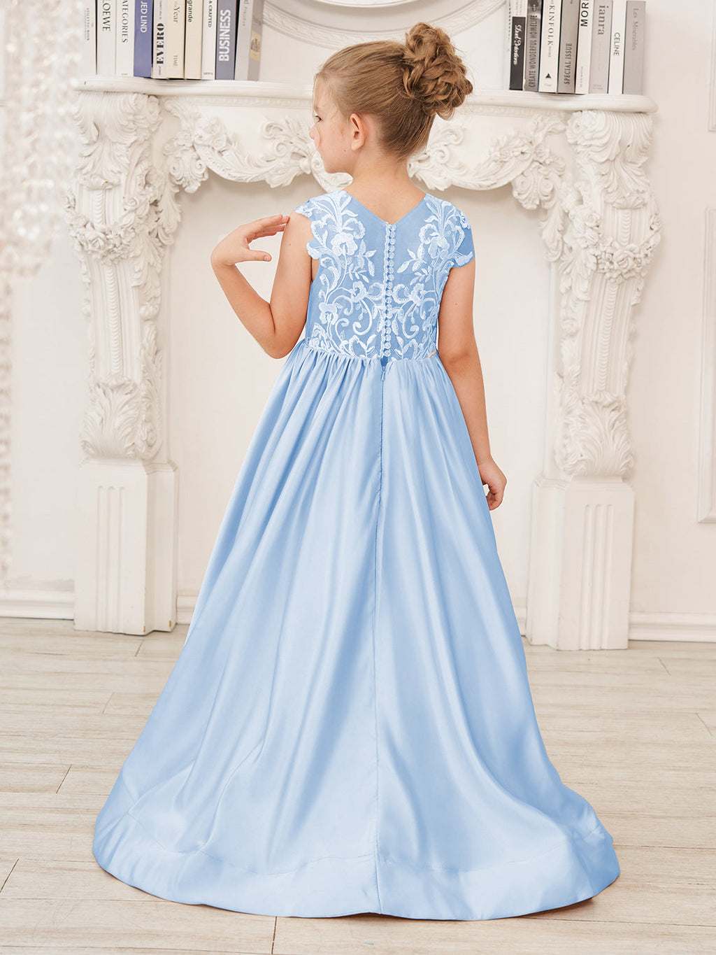 A-Linie Spitze Satin Bodenlang Blumenmädchenkleid 