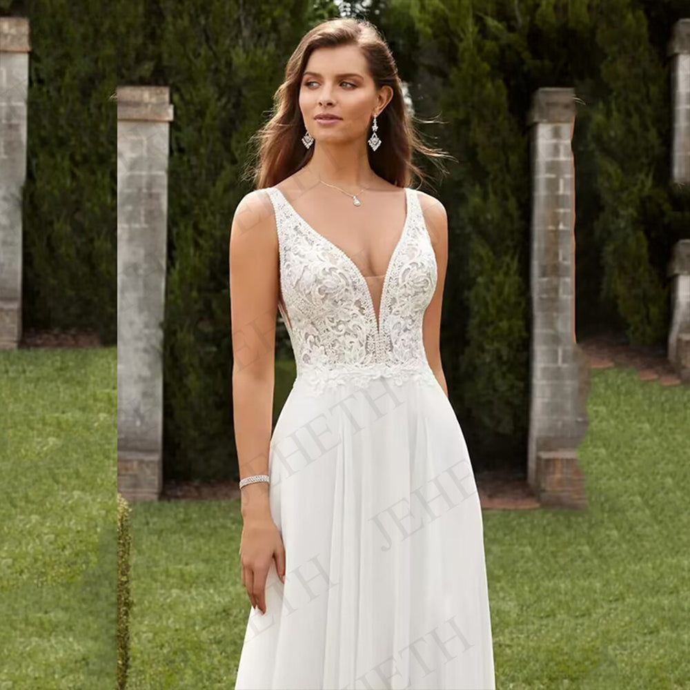 Wedding Dresses Vintage A Line Boho Lace V Neck Split Sleeveless Bridal Gown Vestidos De Novia Backless Appliques Women-payinti