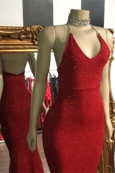 Vestido de fiesta estilo sirena con lentejuelas y tirantes finos al rojo vivo y glamour