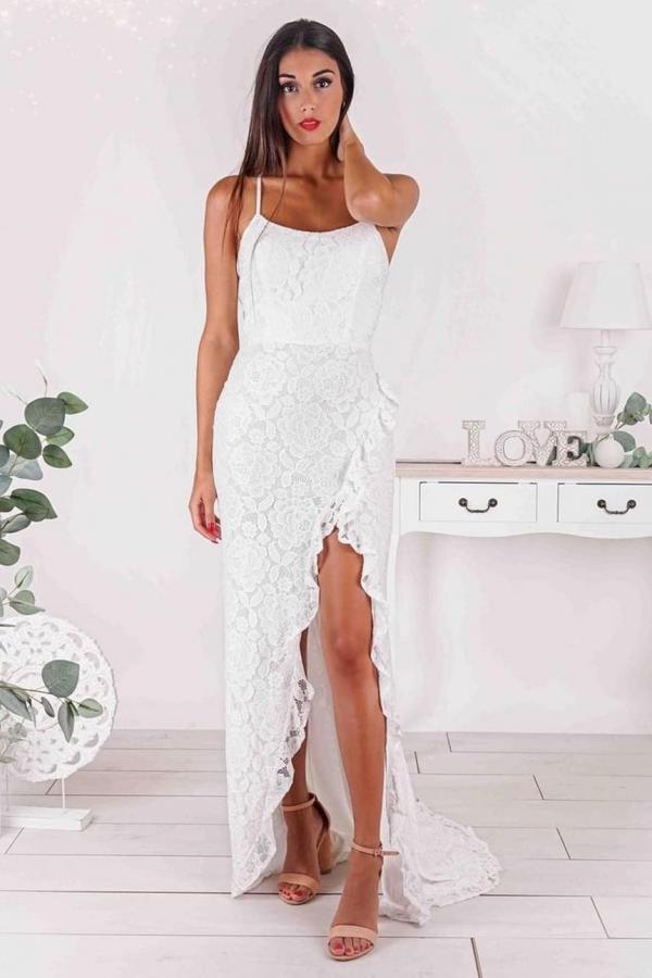 Trägerloses Ballkleid im Meerjungfrau-Stil mit Schlitz und Spaghettiträgern und Spitzenapplikation