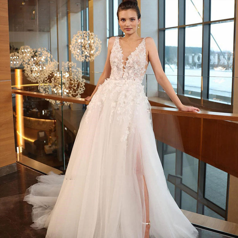Appliques Wedding Dresses For Women Sexy Backless V-neck Bridal Gown Spaghetti Strap Elegant Bohemian Princess Dress-payinti