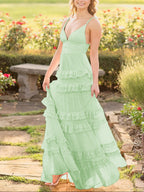 Decebal | Vestido de fiesta largo de gasa rosa con volantes escalonados y corte A