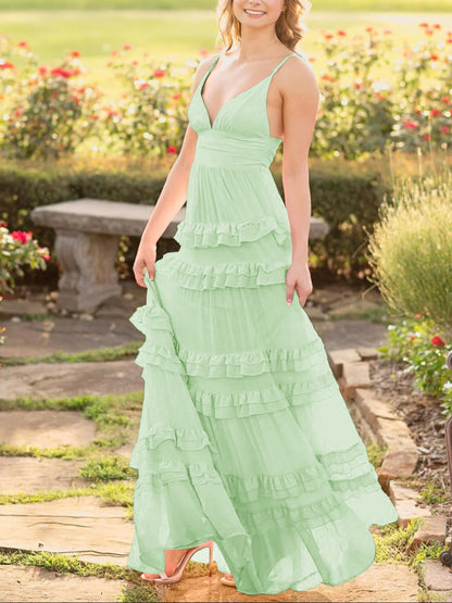 Decebal | A Line Pink Chiffon Tiered Ruffles Long Prom Dress